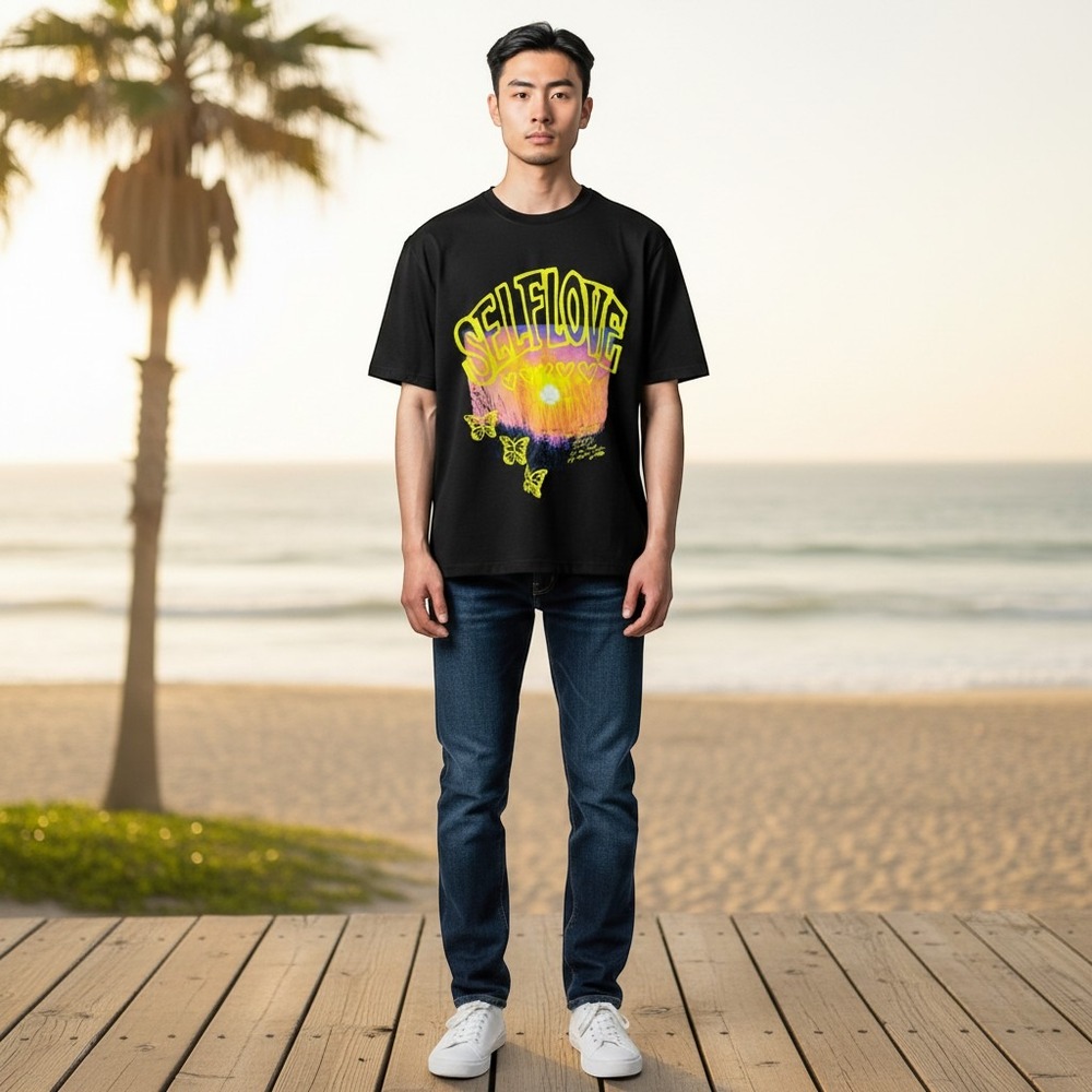 PacSun Graphic T-Shirt Small Black Excellent Self Love Sun Butterfly Tee